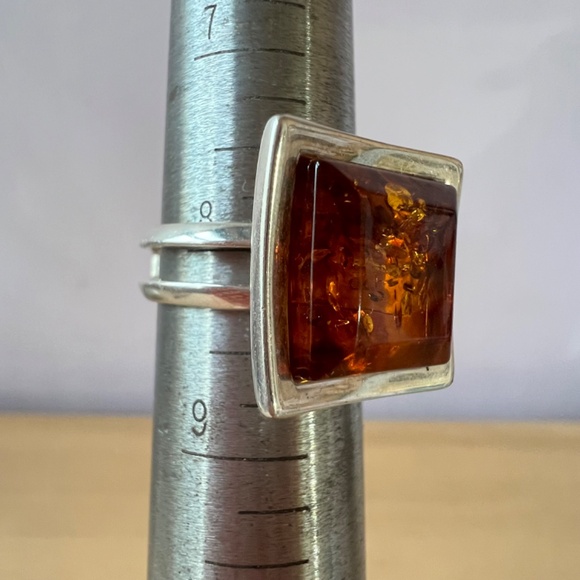 VINTAGE LARGE MODERNIST STATEMENT DESIGNER AMBER RING 925 STERLING SILVER